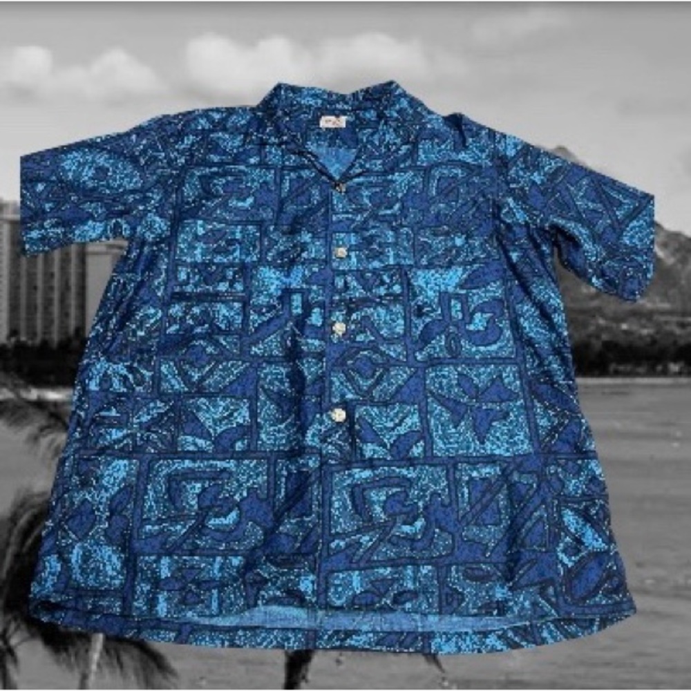 Liberty House Hawaiian Aloha Shirt Mens Green Blue Sz L 1950-60s Alii Button Vtg